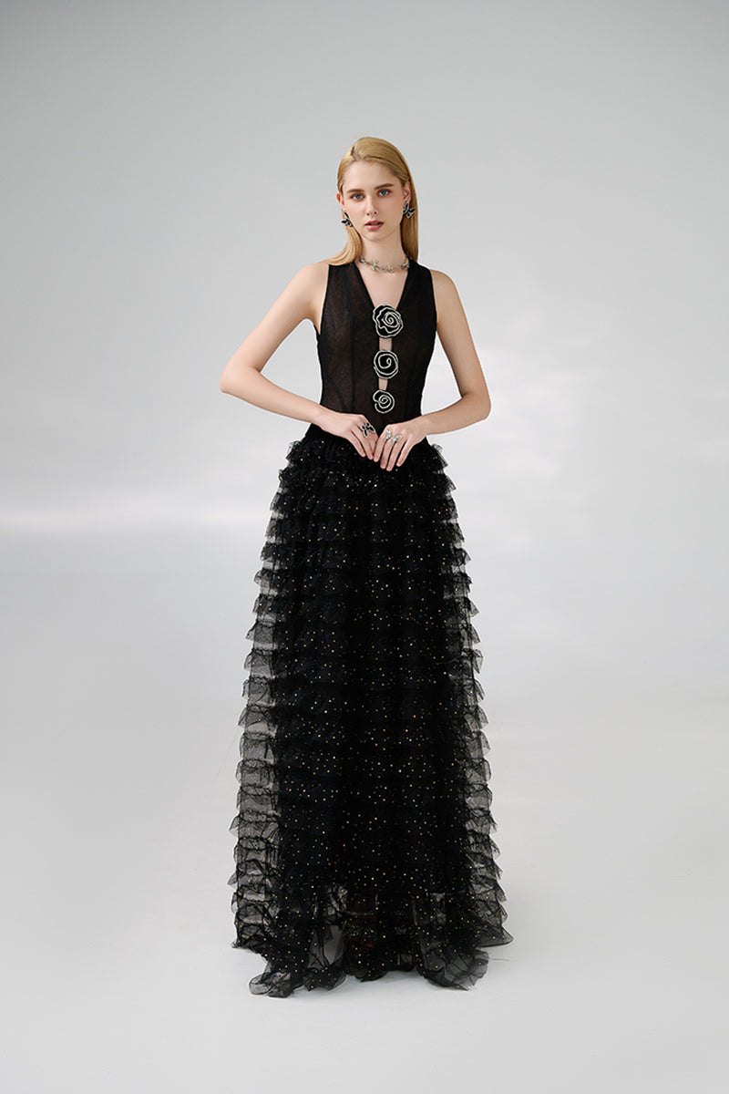 BLACK V-NECK ROSES EMBELLISHMENT GOWN - CULT MIA