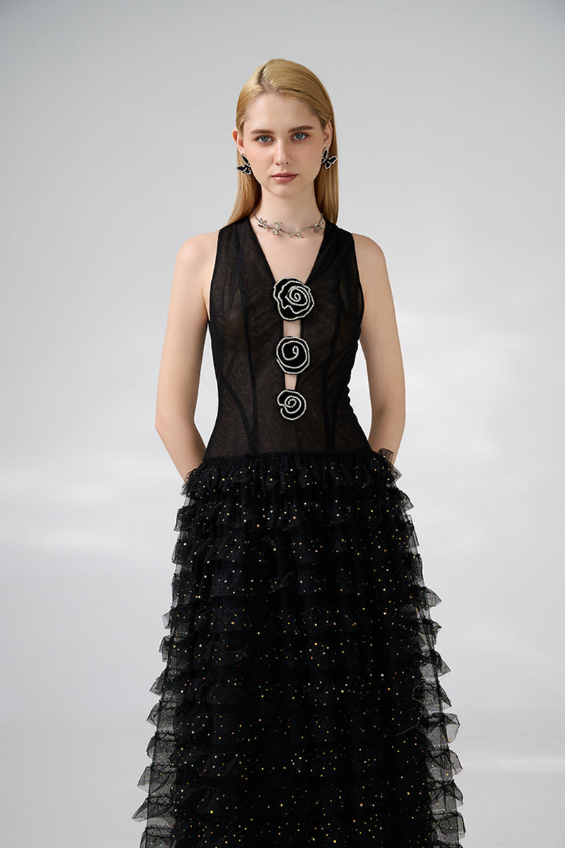 BLACK V-NECK ROSES EMBELLISHMENT GOWN - CULT MIA