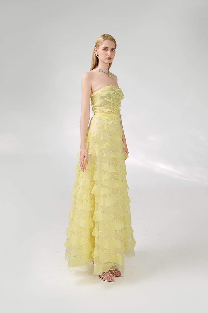 STRAPLESS LIGHT YELLOW MAXI DRESS - CULT MIA