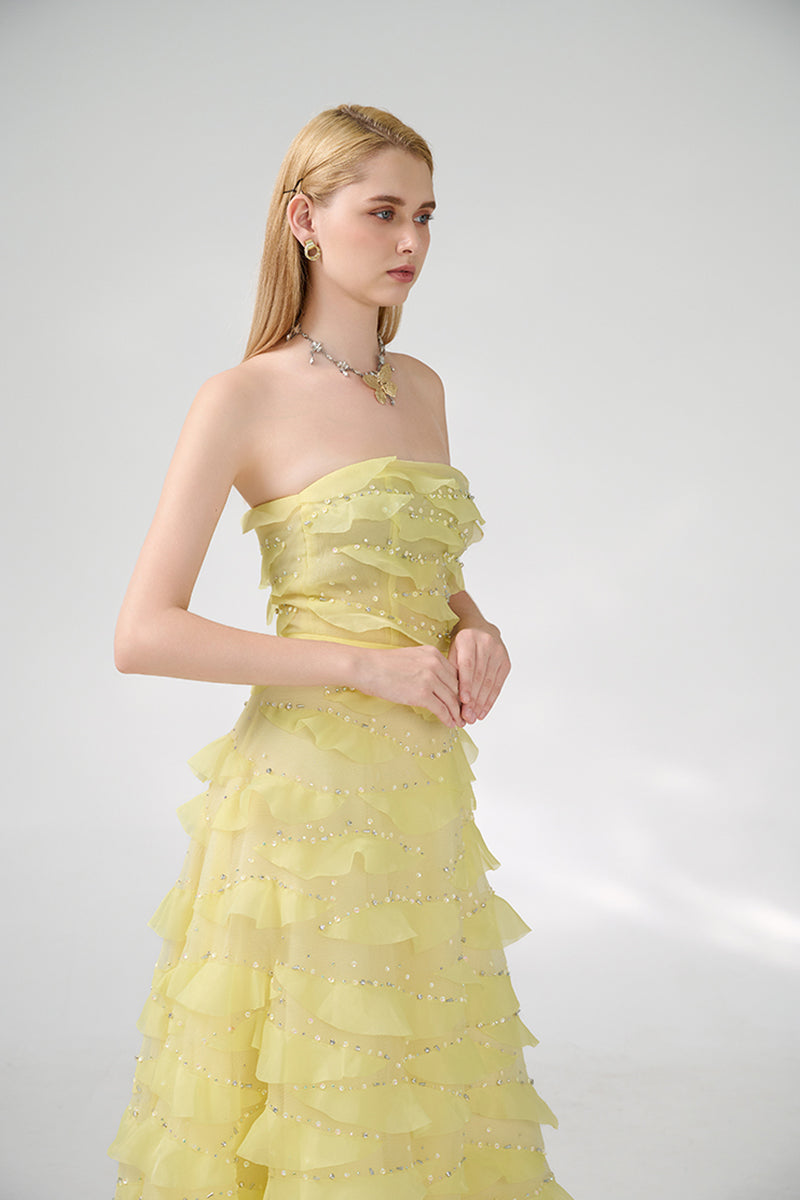 STRAPLESS LIGHT YELLOW MAXI DRESS - CULT MIA