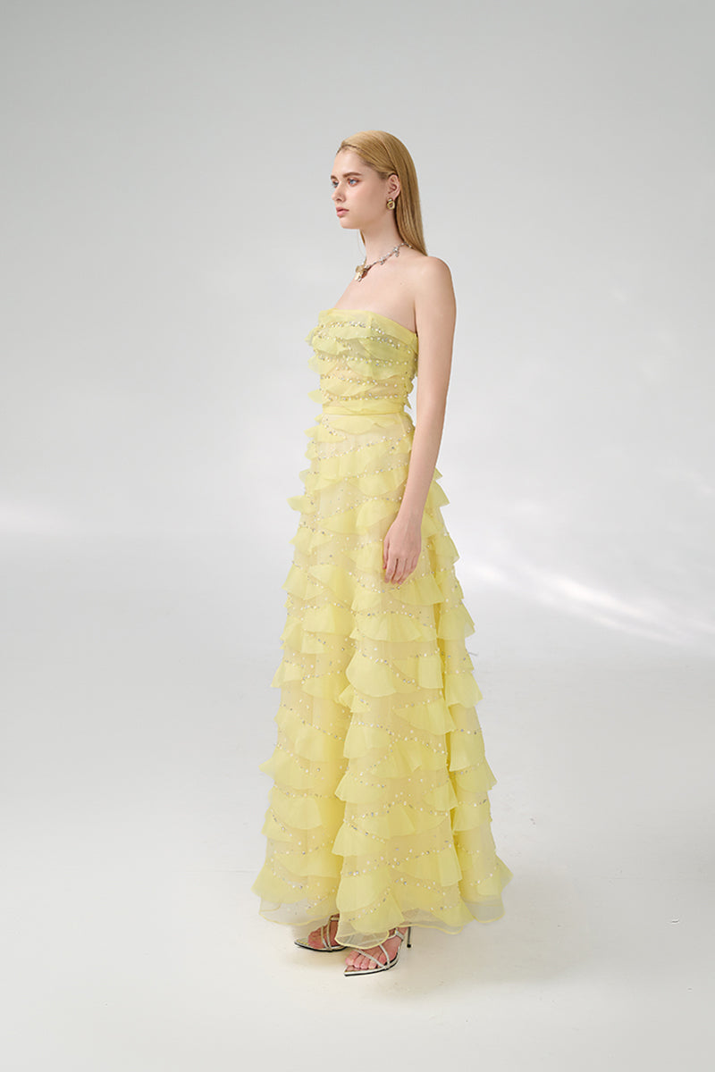STRAPLESS LIGHT YELLOW MAXI DRESS - CULT MIA