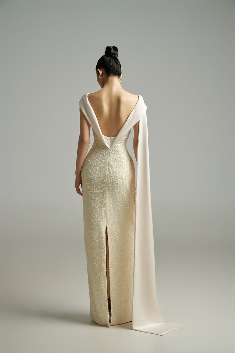 PEARL BODYCON MAXI DRESS WITH DRAPING - CULT MIA