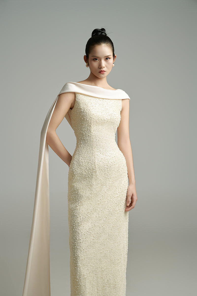 PEARL BODYCON MAXI DRESS WITH DRAPING - CULT MIA