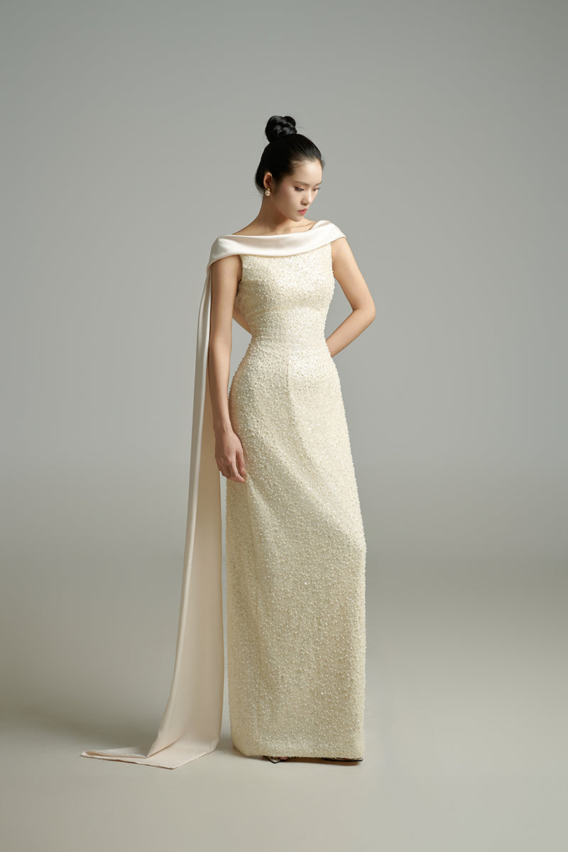 PEARL BODYCON MAXI DRESS WITH DRAPING - CULT MIA