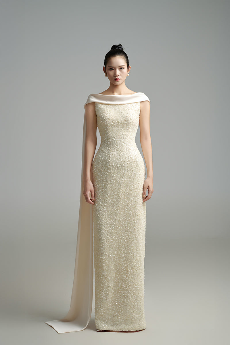 PEARL BODYCON MAXI DRESS WITH DRAPING