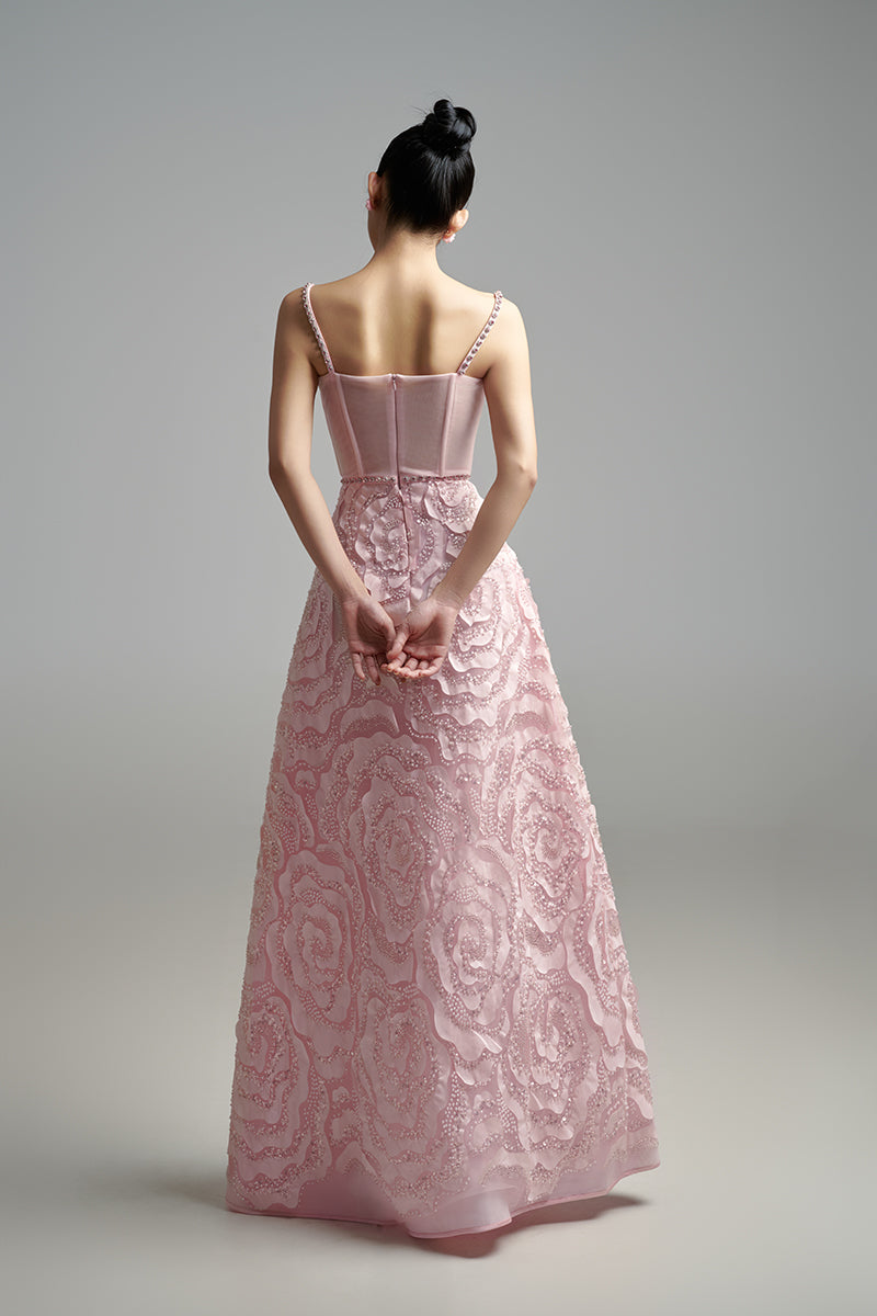 Pink flower wave A-line gown by Happy Clothing, featuring a flowing design and elegant floral pattern.