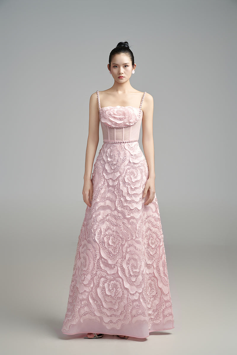 PINK FLOWER WAVE A LINE MAXI DRESS