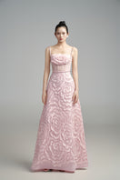 Pink flower wave A-line gown by Happy Clothing, featuring a flowing design and floral pattern, perfect for elegant occasions.