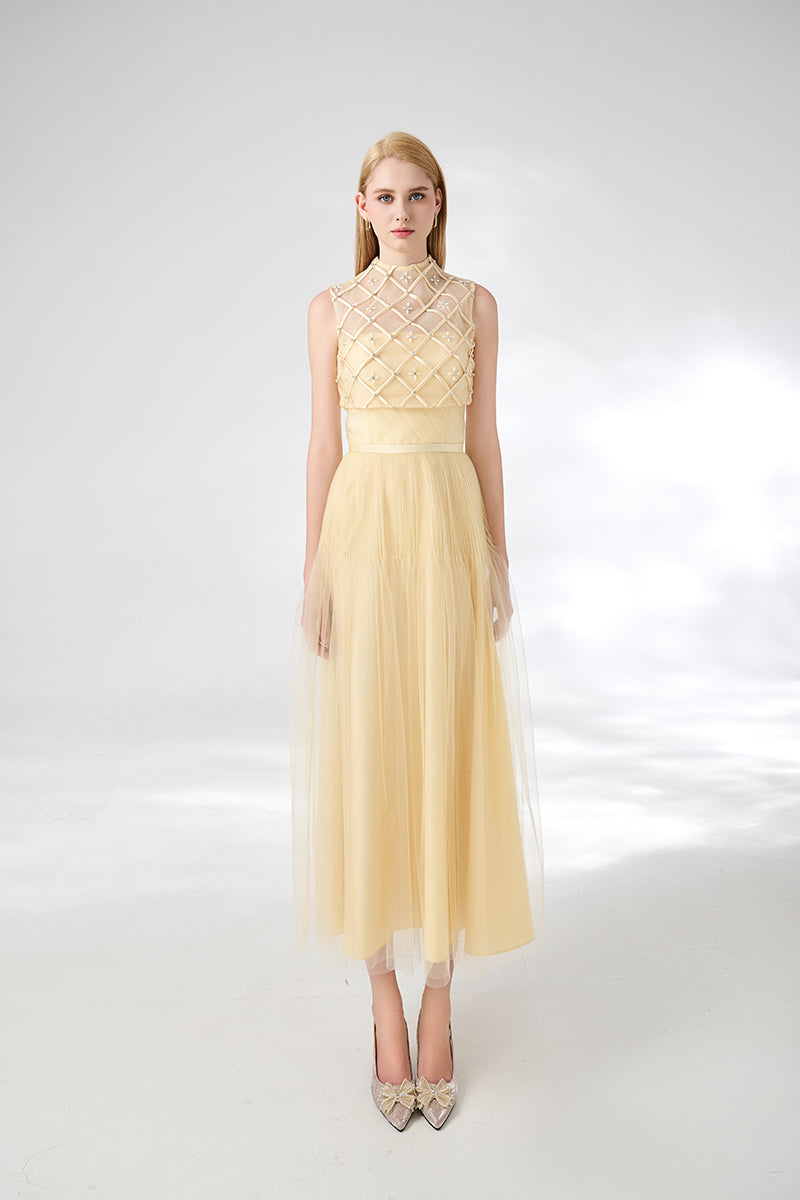 BEIGE A-LINE DRAPED MESH SILK MAXI DRESS - CULT MIA