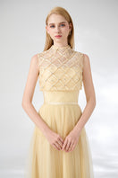 Beige A-line draped mesh silk maxi dress by Happy Clothing, featuring flowing silhouette and elegant midi length.