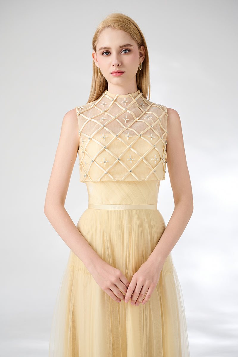 Beige A-line draped mesh silk maxi dress by Happy Clothing, featuring flowing silhouette and elegant midi length.