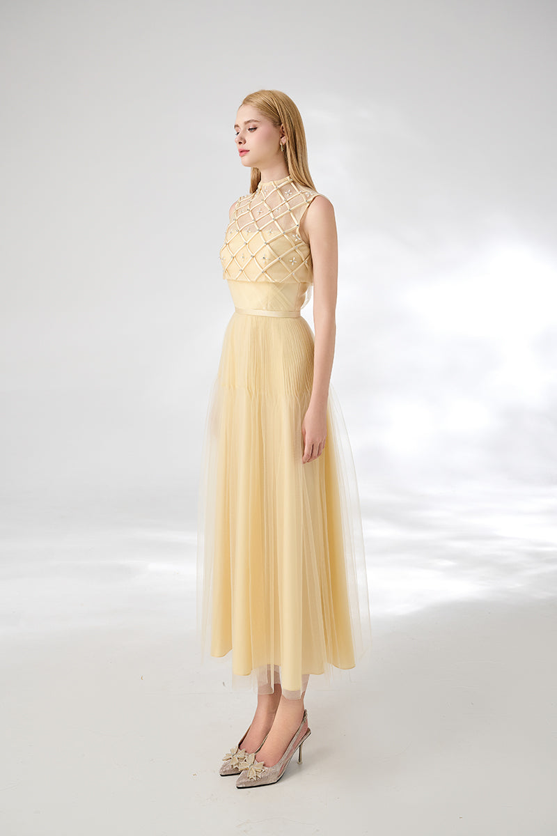 BEIGE A-LINE DRAPED MESH SILK MAXI DRESS - CULT MIA