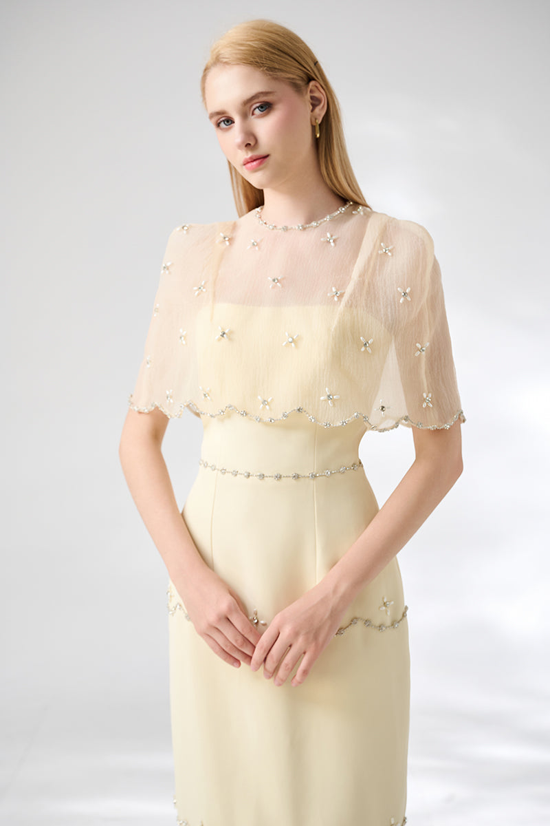 BEIGE SHEATH ROUND NECK MESH TAFFETA DRESS - CULT MIA