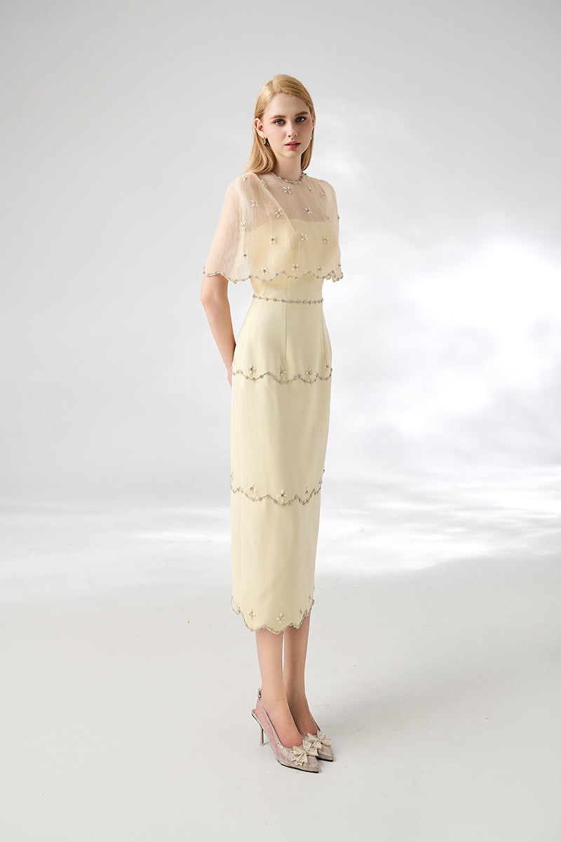 BEIGE SHEATH ROUND NECK MESH TAFFETA DRESS - CULT MIA