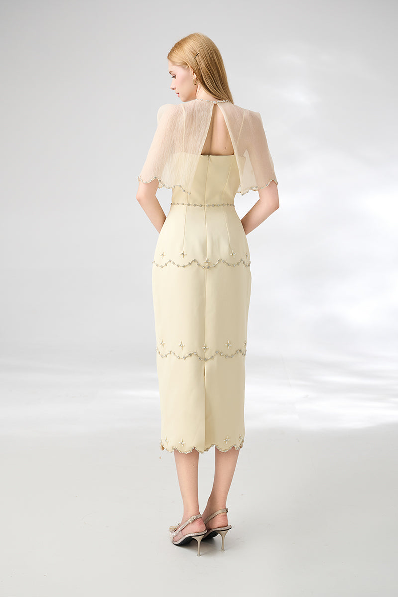 BEIGE SHEATH ROUND NECK MESH TAFFETA DRESS - CULT MIA