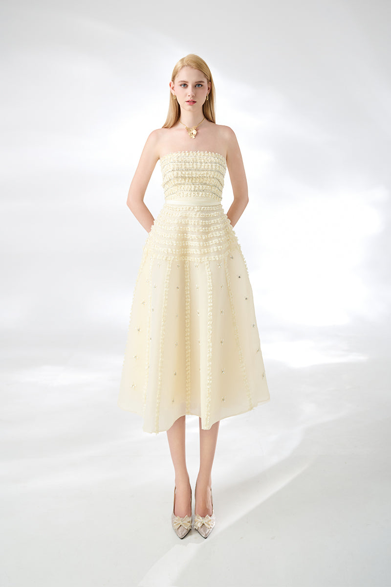 BEIGE STRAPLESS STONE ORGANZA BEIGE MIDI DRESS | CULT MIA