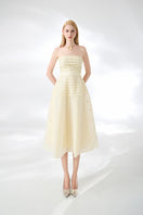 Beige strapless stone organza midi dress by Happy Clothing featuring a flowy design and elegant silhouette.