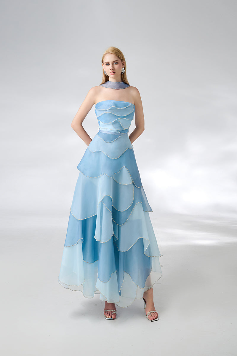 BLUE LAYERED MIDI DRESS WITH SCARF - CULT MIA