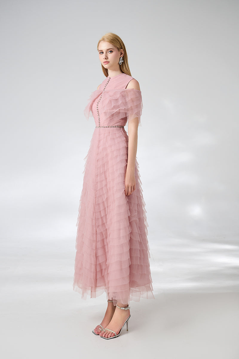 PINK LAYERED COLD SHOULDER SLEEVED ORGANZA MIDI DRESS - CULT MIA
