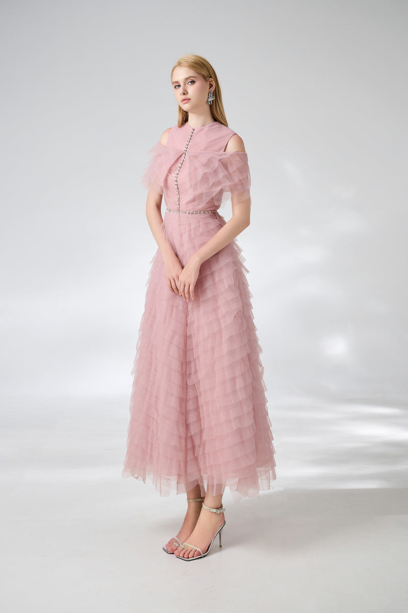 PINK LAYERED COLD SHOULDER SLEEVED ORGANZA MIDI DRESS - CULT MIA