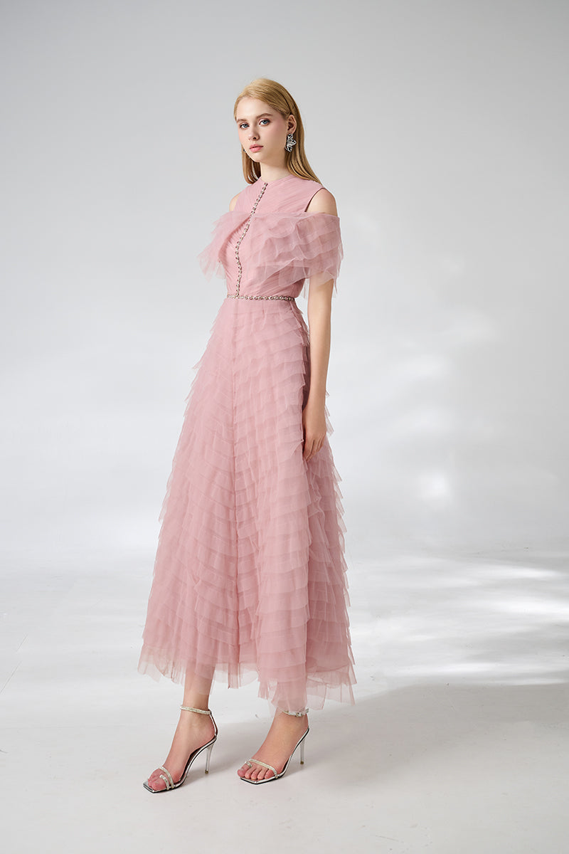 PINK LAYERED COLD SHOULDER SLEEVED ORGANZA MIDI DRESS - CULT MIA