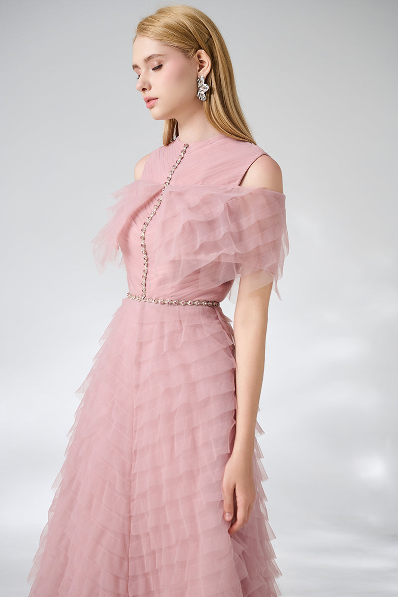 PINK LAYERED COLD SHOULDER SLEEVED ORGANZA MIDI DRESS - CULT MIA