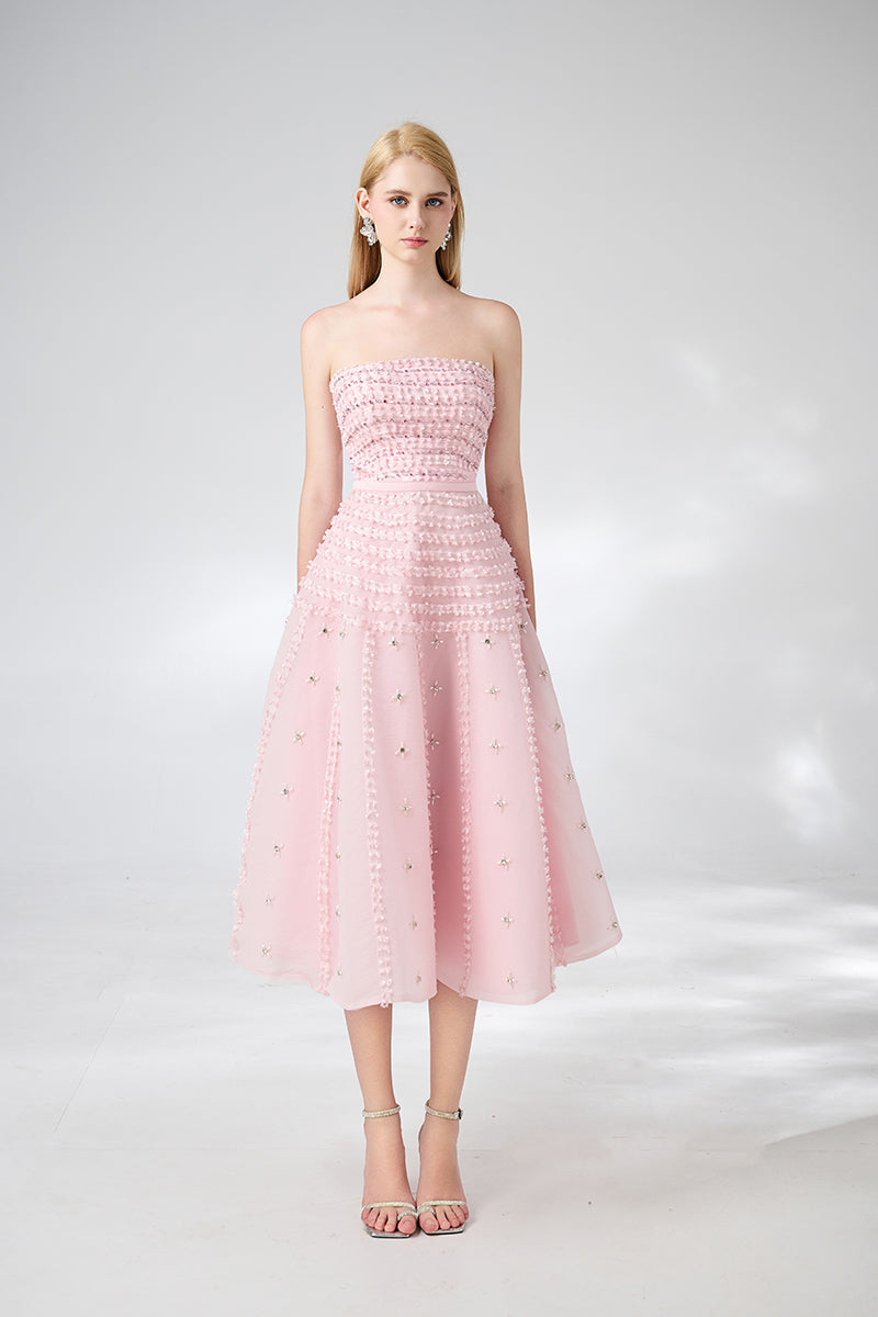PINK STRAPLESS STONE ORGANZA PINK MIDI DRESS - CULT MIA