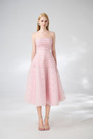 Pink strapless stone organza midi dress from Happy Clothing, featuring a flowy silhouette and elegant design.