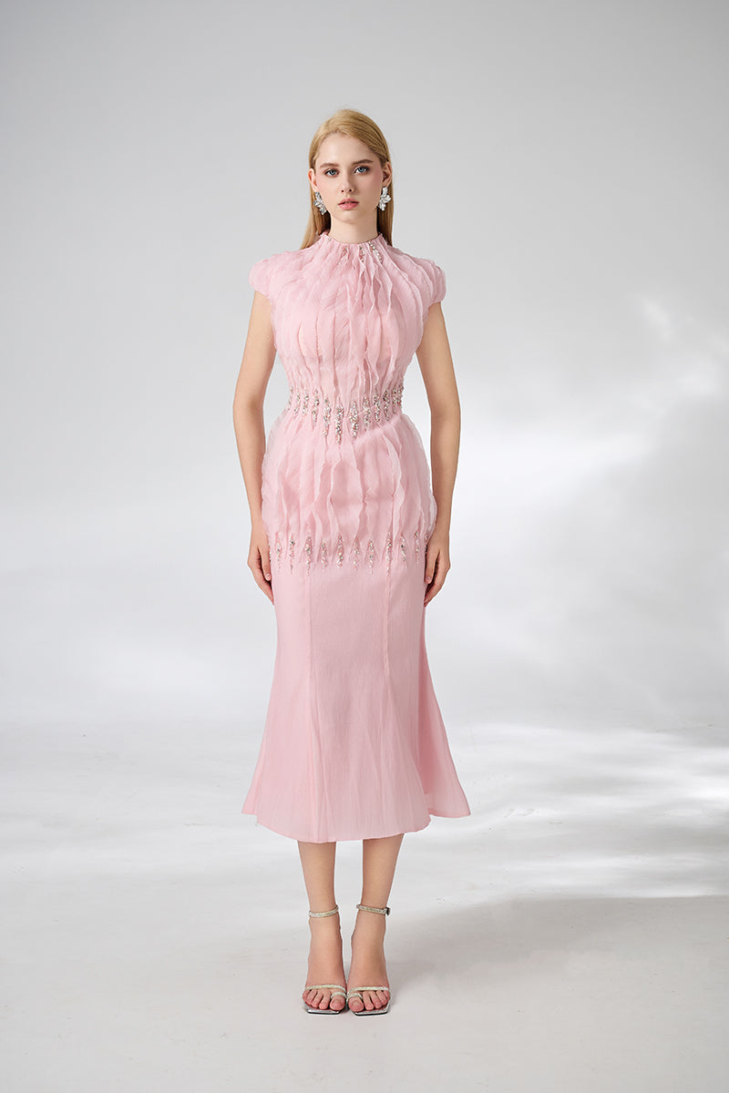 PINK MERMAID CAP SLEEVED SILK ORGANZA MIDI DRESS - CULT MIA