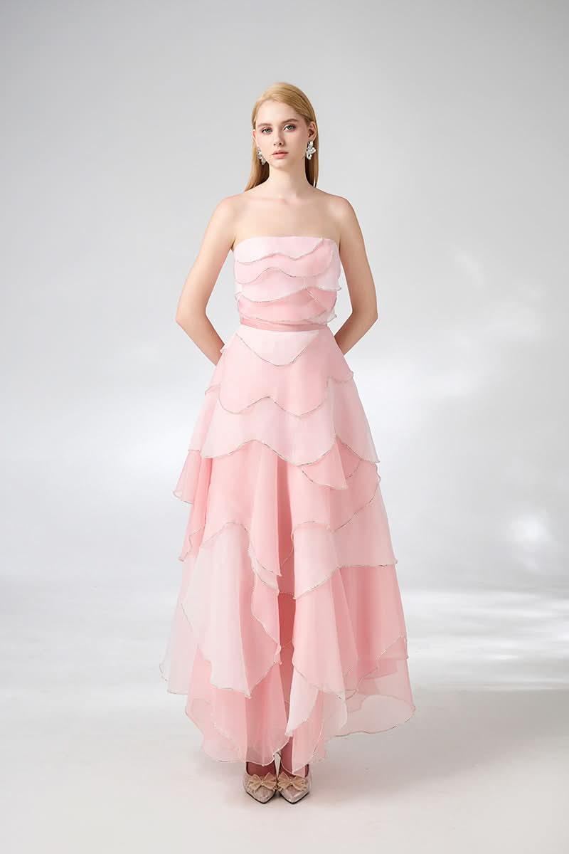 STRAPLESS PINK LAYERED MIDI DRESS - CULT MIA