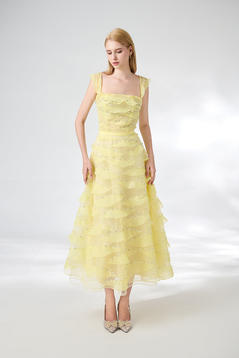 LIGHT YELLOW ORGANZA LAYERED MIDI DRESS - CULT MIA