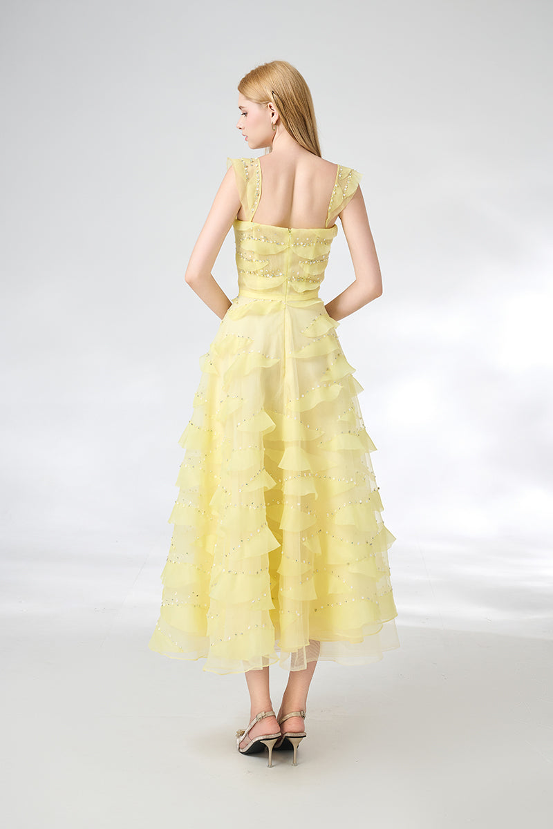 LIGHT YELLOW ORGANZA LAYERED MIDI DRESS - CULT MIA