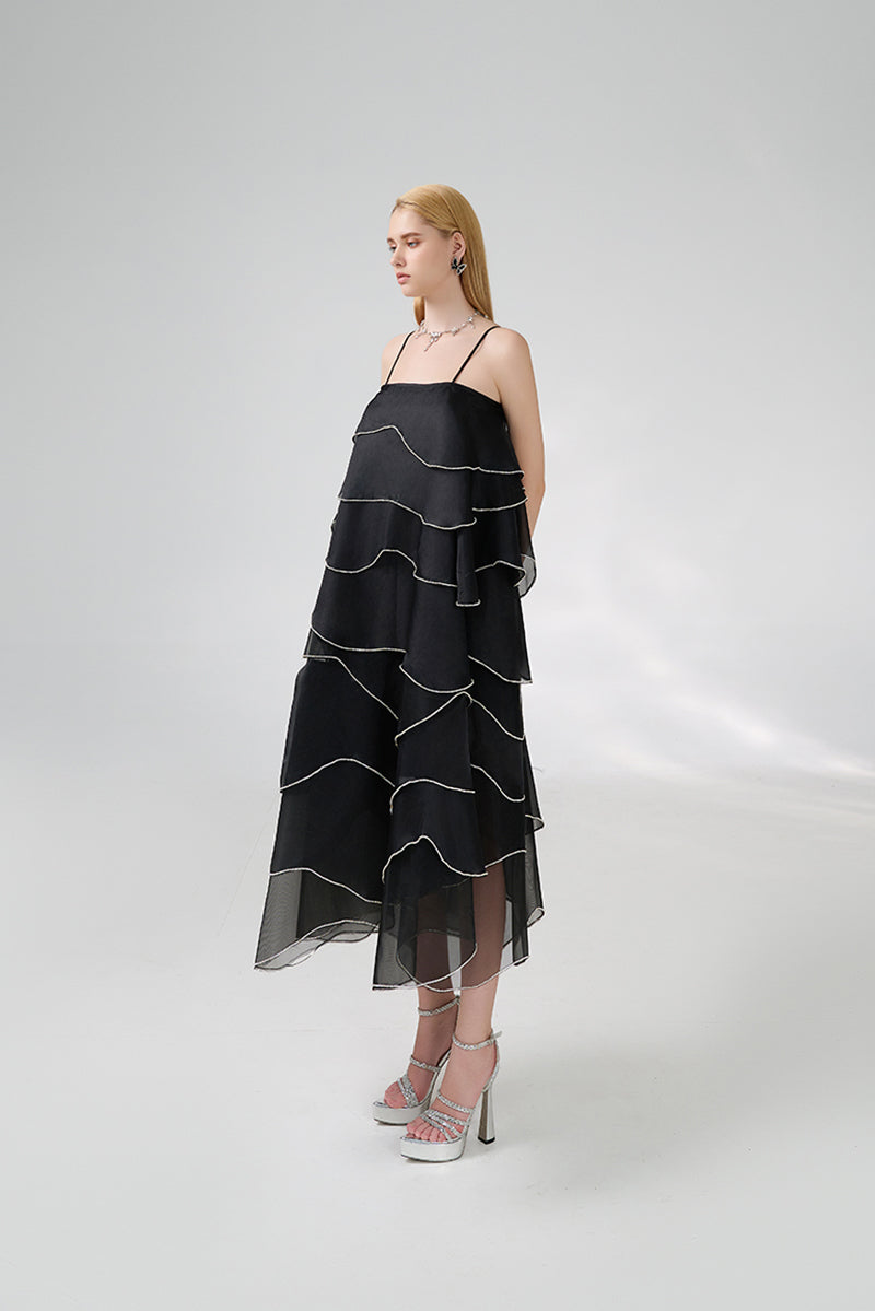 BLACK LAYERED MIDI DRESS - CULT MIA