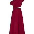 DUMA&CO Rezo midi dress in vibrant floral print, sleeveless with a fitted waist and flowing hem, on a model.