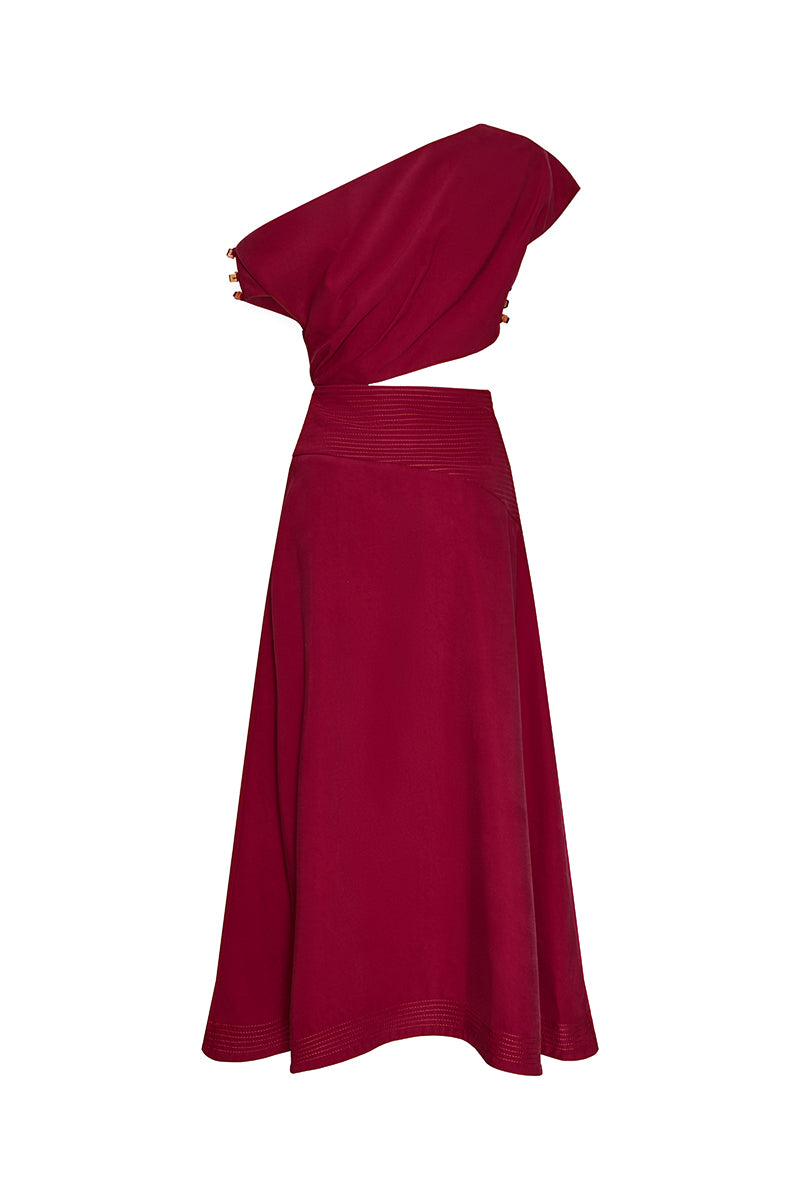 DUMA&CO REZO midi dress in a flowy fabric with a stylish neckline, displayed on a hanger.