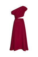 DUMA&CO REZO midi dress in a flowy fabric with a stylish neckline, displayed on a hanger.
