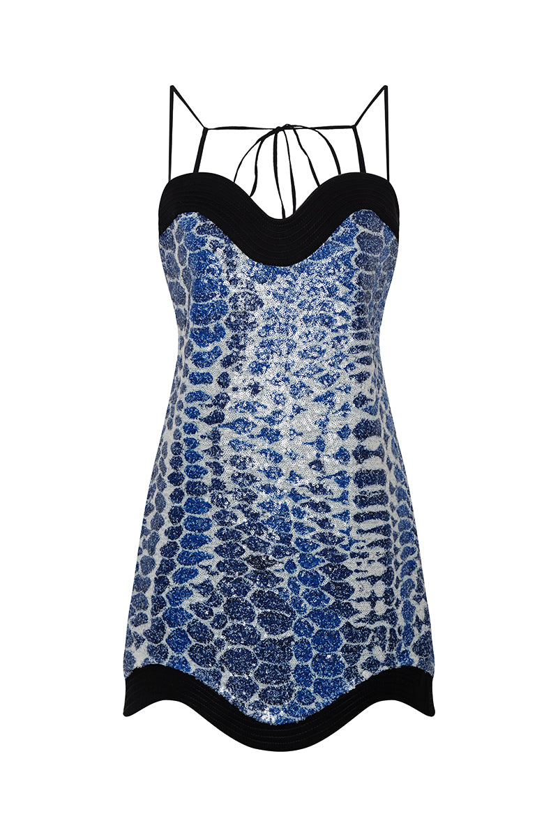 DUMA&CO DESTINO mini dress in vibrant fabric, featuring a stylish sleeveless design and knee-length cut.
