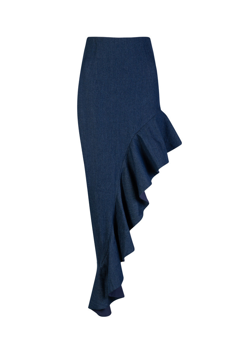 Navy Señorita Vega maxi skirt with flowing fabric and waistband, styled for a casual or elegant look.