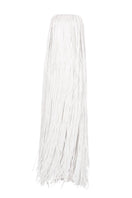 White Valenciani all-over fringed maxi dress with flowing fabric and boho style, perfect for summer or special occasions.