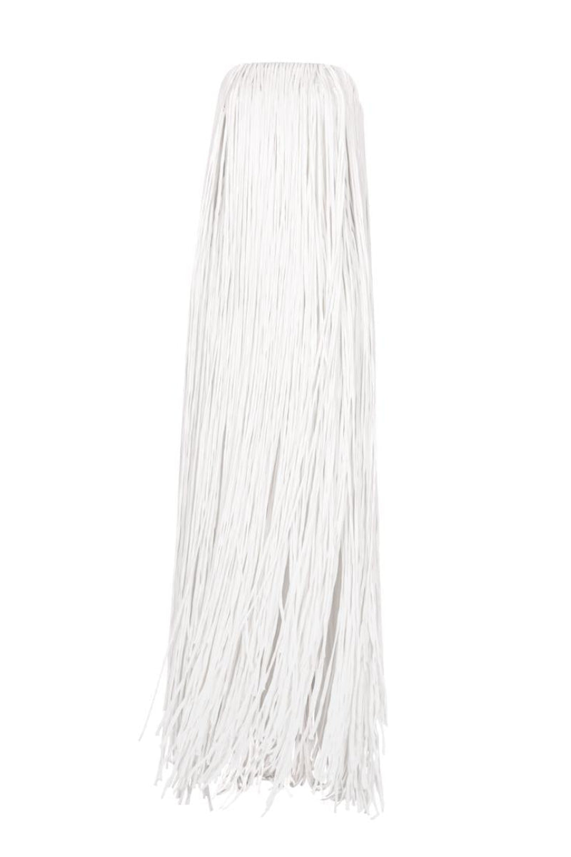 White Valenciani all-over fringed maxi dress with flowing fabric and boho style, perfect for summer or special occasions.