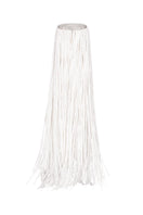 White Valenciani all-over fringed maxi dress with flowing fabric and detailed fringe accents, perfect for summer or beachwear.