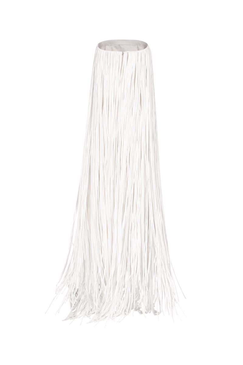 White Valenciani all-over fringed maxi dress with flowing fabric and detailed fringe accents, perfect for summer or beachwear.