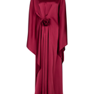 Red Valenciani boat neck flower ruched maxi dress with flowing fabric and elegant design, perfect for formal occasions and summer events.