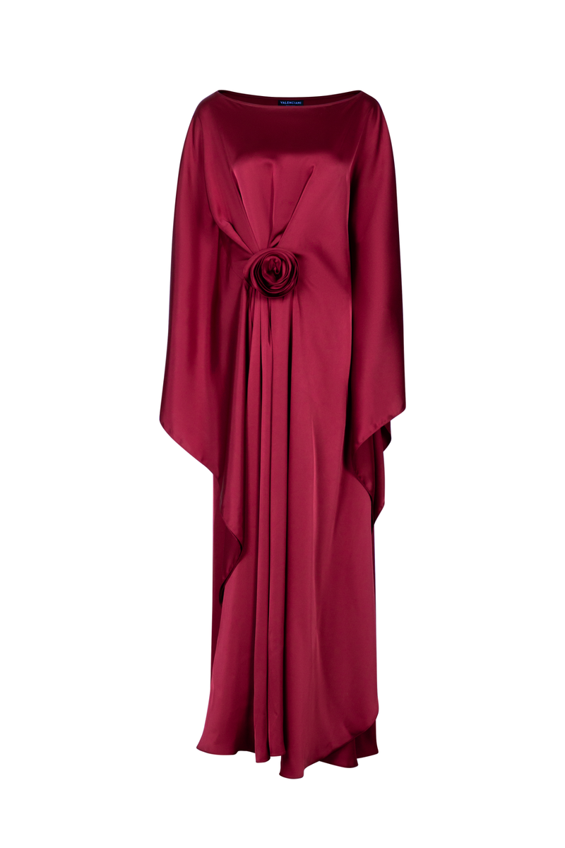 BOAT NECK FLOWER RUCHED MAXI DRESS IN RED