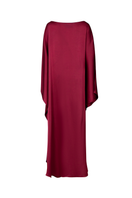 Red Valenciani boat neck flower ruched maxi dress with flowing fabric and elegant design, perfect for summer or special occasions.
