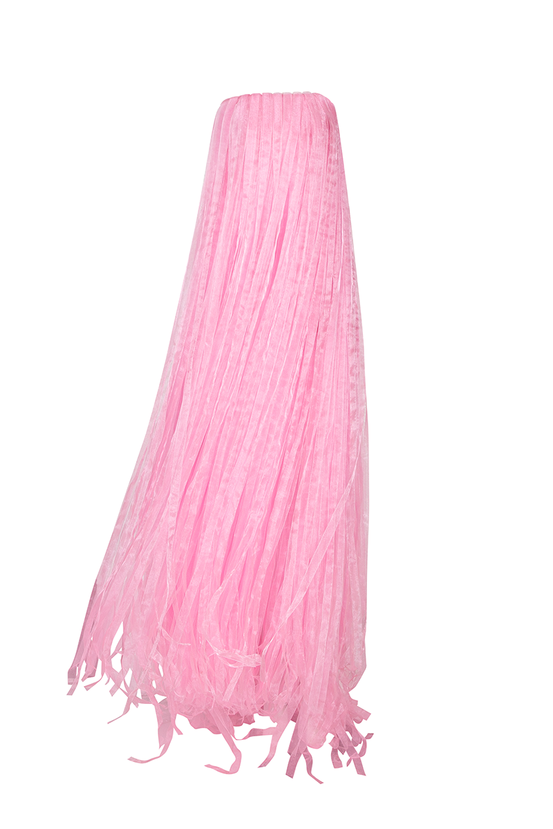 Pink Valenciani maxi dress with all-over fringe, flowing silhouette and sleeveless design, perfect for summer or special occasions.