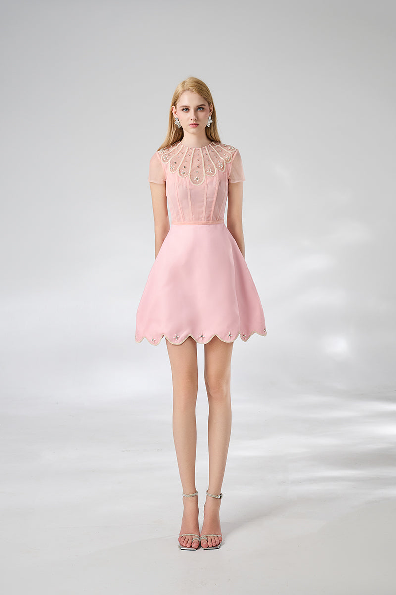 PINK ROUND NECK SPANDEX MINI DRESS - CULT MIA