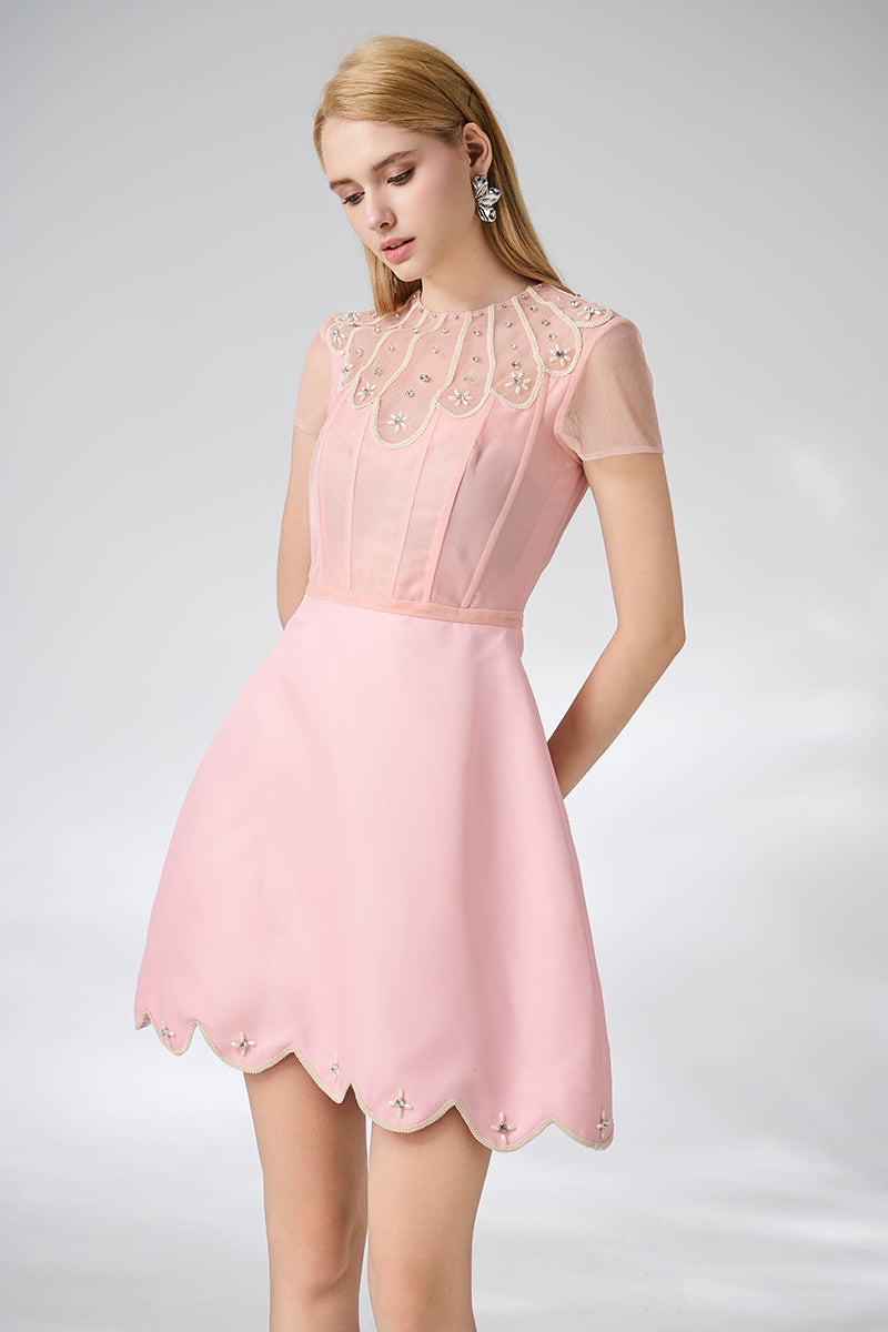PINK ROUND NECK SPANDEX MINI DRESS - CULT MIA