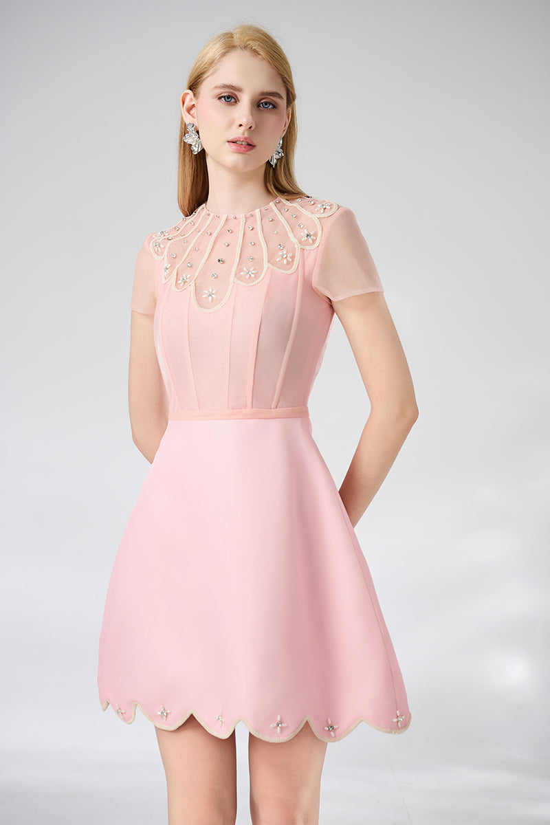PINK ROUND NECK SPANDEX MINI DRESS - CULT MIA