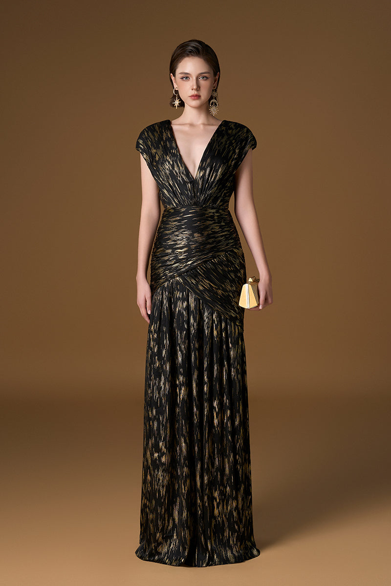 METALLIC STRIPED CHIFFON MAXI DRESS IN BLACK